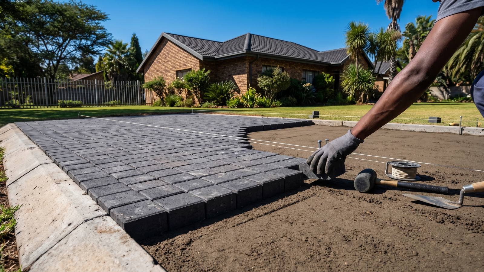 Charcoal cobble pavers half laid on screeded bedding sand inside a concrete edge restraint, the stage that sets paving prices per m².